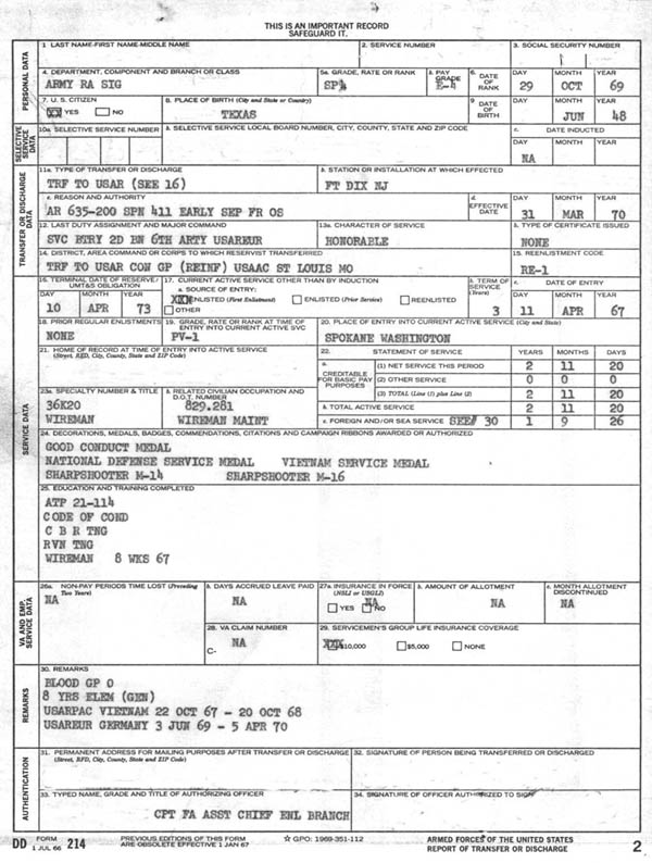 Dd Form 214 Certificate Of Release Or Discharge From Active Duty